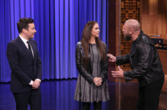 Host Jimmy Fallon with Stephanie McMahon and Triple H during 'WWE Tag Team Lip Sync Battle'