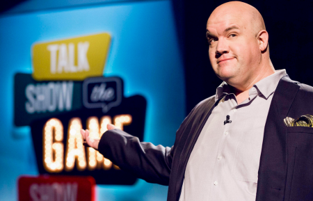 Comedian and writer, Guy Branum on the set of Talk Show the Game Show