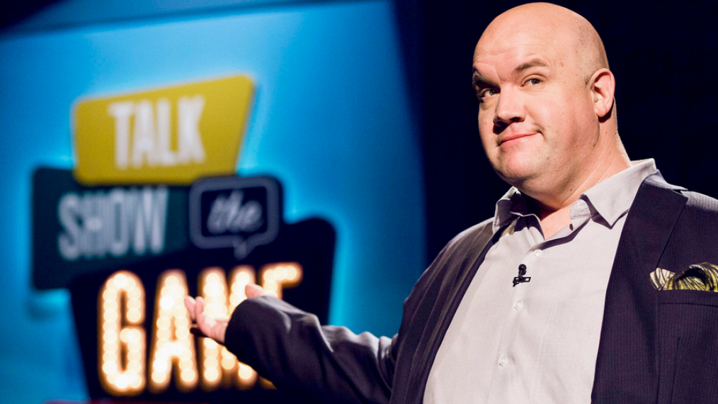 Comedian and writer, Guy Branum on the set of Talk Show the Game Show