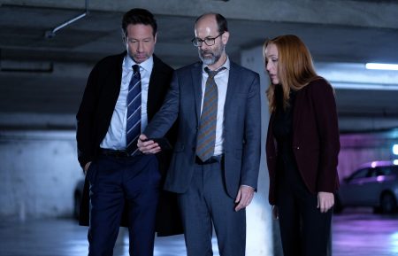 David Duchovny, guest star Brian Huskey, and Gillian Anderson in the 'The Lost Art Of Forehead Sweat' episode of The X-Files