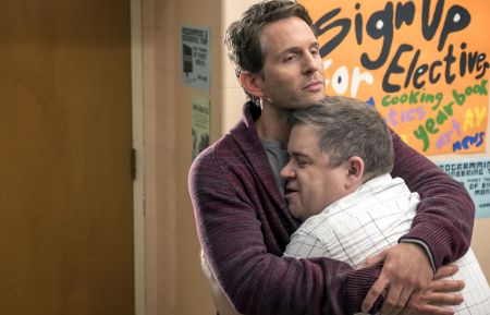 Glenn Howerton and Patton Oswalt hug in A.P. Bio