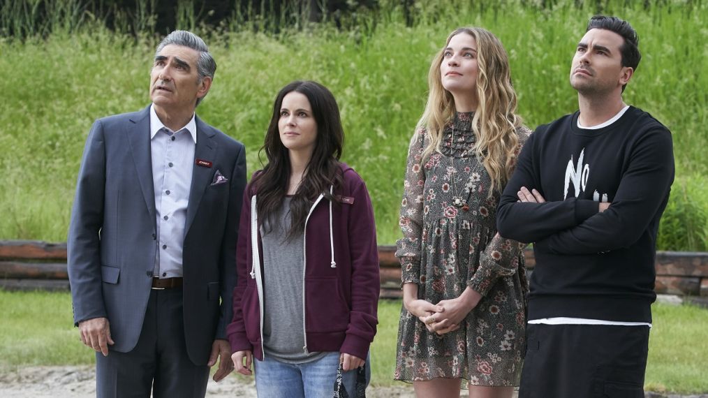 Eugene Levy as Johnny Rose, Emily Hampshire as Stevie, Annie Murphy as Alexis Rose, and Daniel Levy as David Rose on 'Schitt's Creek' - Season 4