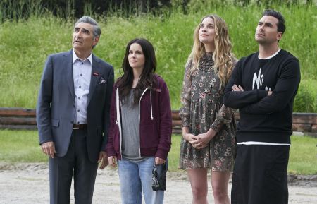 Eugene Levy as Johnny Rose, Emily Hampshire as Stevie, Annie Murphy as Alexis Rose, and Daniel Levy as David Rose on 'Schitt's Creek' - Season 4