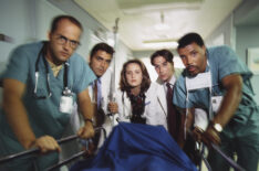 Anthony Edwards as Doctor Mark Greene; George Clooney as Doctor Doug Ross; Sherry Stringfield as Doctor Susan Lewis; Noah Wyle as Doctor John Carter; Eriq La Salle as Doctor Peter Benton in 'ER'