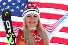 Bronze medallist Lindsey Vonn of the United States celebrates during the victory ceremony for the Ladies' Downhill on day 12 of the PyeongChang 2018 Winter Olympic Games