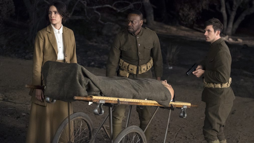 Abigail Spencer as Lucy Preston, Malcolm Barrett as Rufus Carlin, and Matt Lanter as Wyatt Logan in Timeless - Season 2 - 'The War to End All Wars'