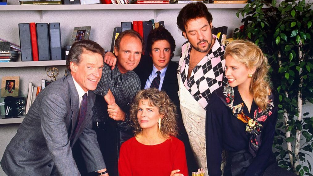 The cast of 'Murphy Brown' pose together in 1988: Charles Kimbrough, Joe Regalbuto, Candice Bergen, Grant Shaud, Robert Pastorelli and Faith Ford