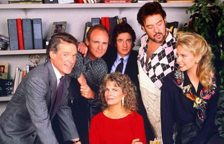 The cast of 'Murphy Brown' pose together in 1988: Charles Kimbrough, Joe Regalbuto, Candice Bergen, Grant Shaud, Robert Pastorelli and Faith Ford
