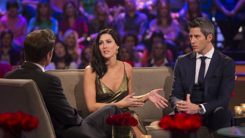 Chris Harrison interviewing Becca Kufrin and Arie Luyendyk Jr.