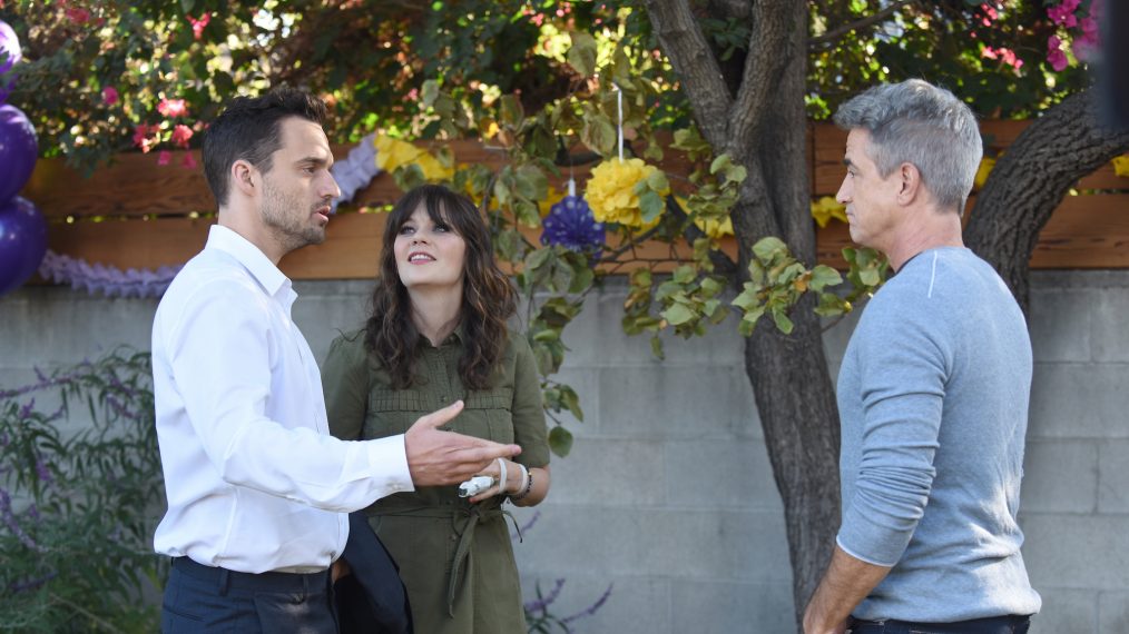 Jake Johnson, Zooey Deschanel, and guest star Dermot Mulroney