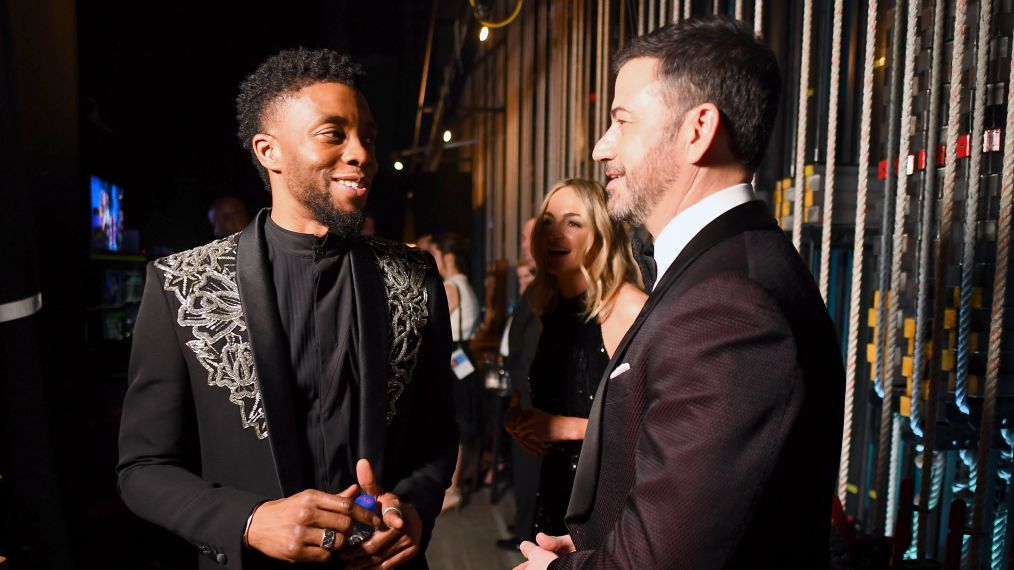 Chadwick Boseman and Jimmy Kimmel attend the 90th Annual Academy Awards