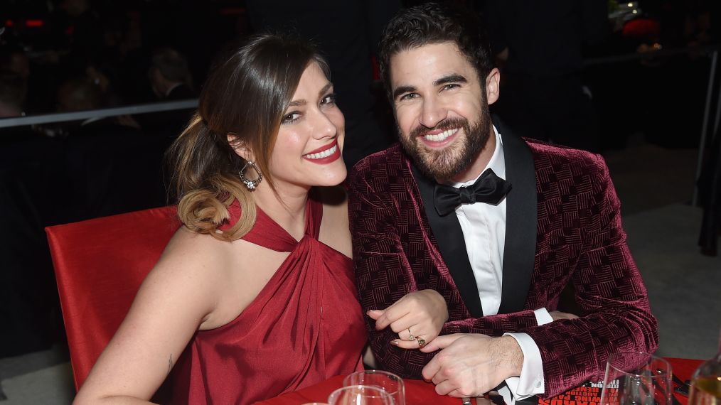 Mia Swier and Darren Criss attend the 26th annual Elton John AIDS Foundation Academy Awards Viewing Party