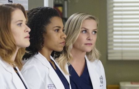 Sarah Drew as April, Kelly McCreary as Maggie, and Jessica Capshaw as Arizona in Grey's Anatomy