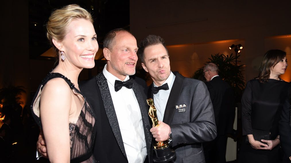 Leslie Bibb, Woody Harrelson, and Sam Rockwell attend the 90th Annual Academy Awards Governors Ball