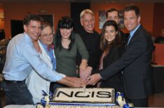Brian Dietzen, David McCallum, Pauley Perrette, Mark Harmon, Sean Murray, Cote de Pablo, and Michael Weatherly pose at CBS' 'NCIS' celebration of their 200th episode
