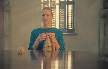 Yvonne Strahovski as Serena Joy knitting in The Handmaid's Tale