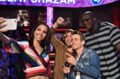 Corinne Foxx shoots a selfie with Lance Bass, Joey McIntyre and Shaquille O'Neal when they stop by Beat Shazam