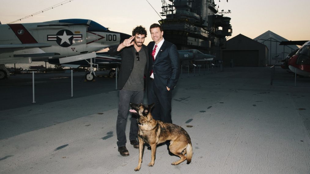 Justin Melnick and David Boreanaz of SEAL Team with Dita the Dog