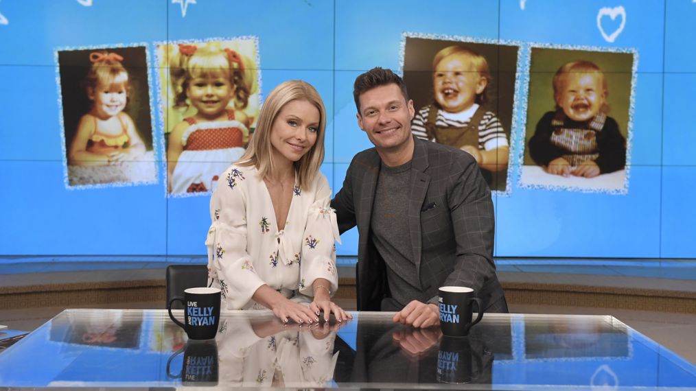 Kelly Ripa and Ryan Seacrest are pictured during the production of 'Live with Kelly and Ryan' in New York