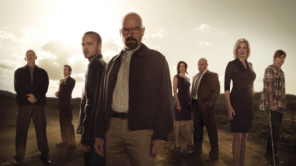 (L-R) Mike (Jonathan Banks), Saul Goodman (Bob Odenkirk), Jesse Pinkman (Aaron Paul), Walter White (Bryan Cranston), Marie Schrader (Betsy Brandt), Hank Schrader (Dean Norris), Skyler White (Anna Gunn) and Walter White, Jr. (RJ Mitte) - Breaking Bad _Season 5 - Photo Credit: Frank Ockenfels/AMC