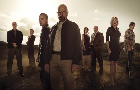 (L-R) Mike (Jonathan Banks), Saul Goodman (Bob Odenkirk), Jesse Pinkman (Aaron Paul), Walter White (Bryan Cranston), Marie Schrader (Betsy Brandt), Hank Schrader (Dean Norris), Skyler White (Anna Gunn) and Walter White, Jr. (RJ Mitte) - Breaking Bad _Season 5 - Photo Credit: Frank Ockenfels/AMC