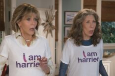 Jane Fonda and Lily Tomlin and Grace and Frankie wearing I Am Harriet t-shirts