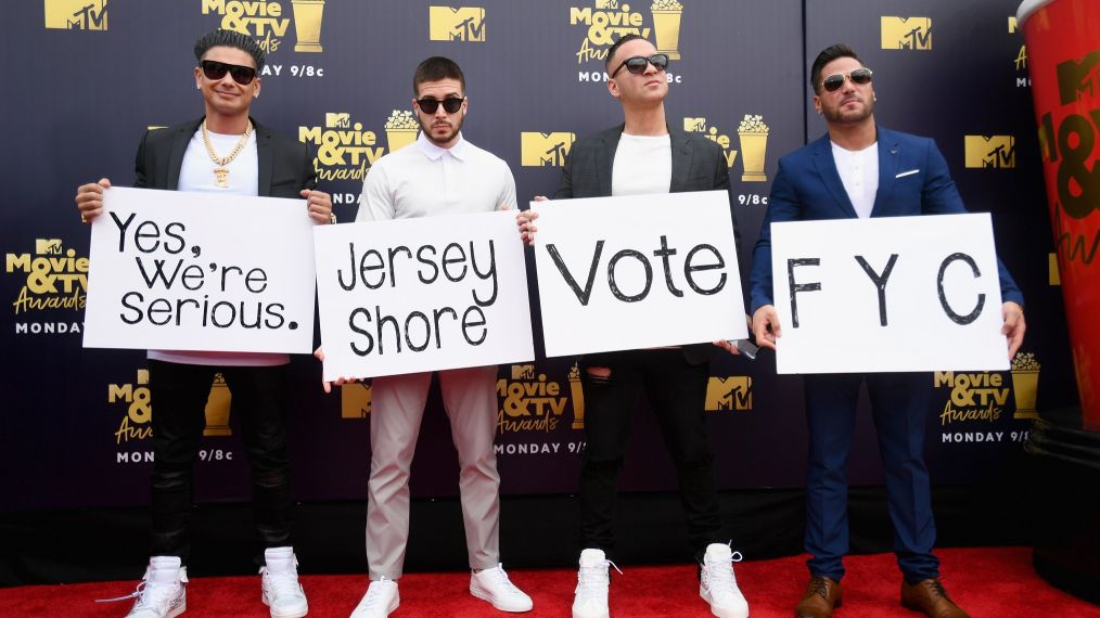 TV personalities Paul DelVecchio aka DJ Pauly D, Vinny Guadagnino, Mike Sorrentino aka The Situation, and Ronnie Ortiz-Magro attend the 2018 MTV Movie And TV Awards
