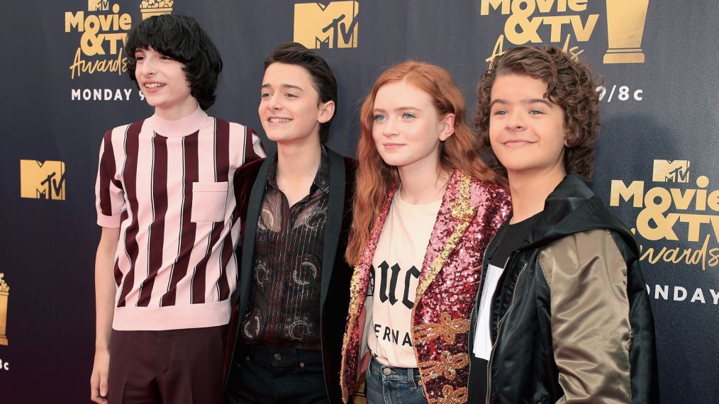 SANTA MONICA, CA - JUNE 16: (L-R) Actors Finn Wolfhard, Noah Schnapp, Sadie Sink and Gaten Matarazzo attend the 2018 MTV Movie And TV Awards at Barker Hangar on June 16, 2018 in Santa Monica, California. (Photo by Christopher Polk/Getty Images for MTV)