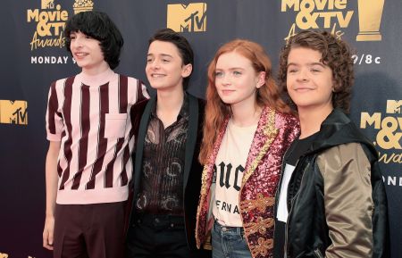 SANTA MONICA, CA - JUNE 16: (L-R) Actors Finn Wolfhard, Noah Schnapp, Sadie Sink and Gaten Matarazzo attend the 2018 MTV Movie And TV Awards at Barker Hangar on June 16, 2018 in Santa Monica, California. (Photo by Christopher Polk/Getty Images for MTV)