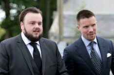 John Bradley and Joe Dempsie arrive at the Kit Harington and Rose Leslie wedding