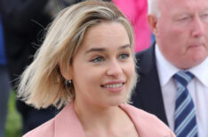 Emilia Clarke arriving at the Kit Harington and Rose Leslie wedding