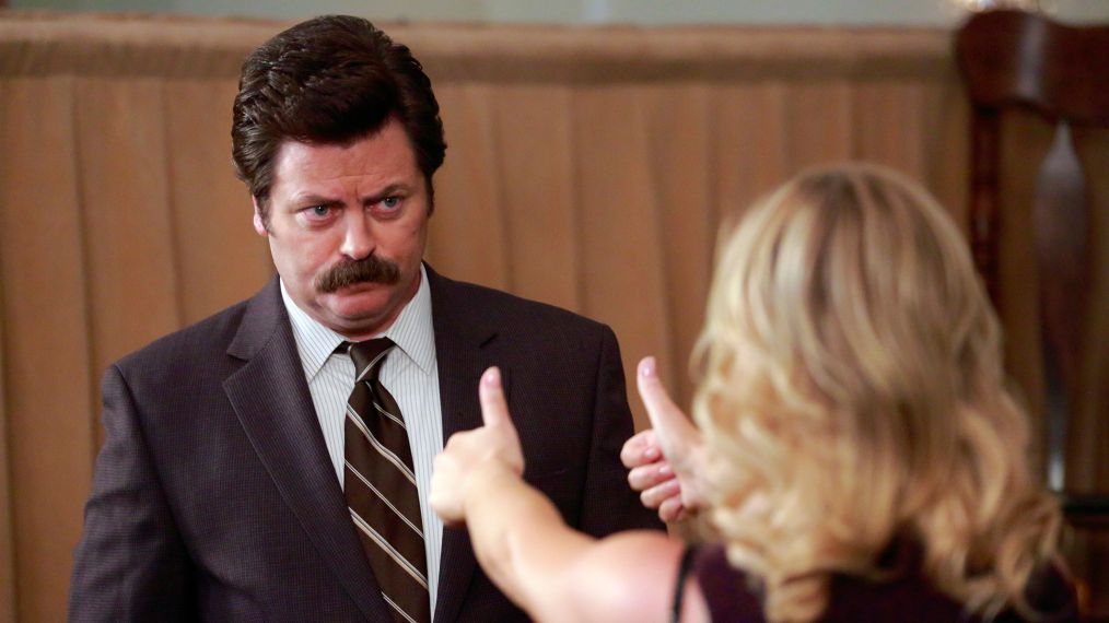 Nick Offerman as Ron Swanson gets the thumbs up from Amy Poehler as Leslie Knope in Parks And Recreation