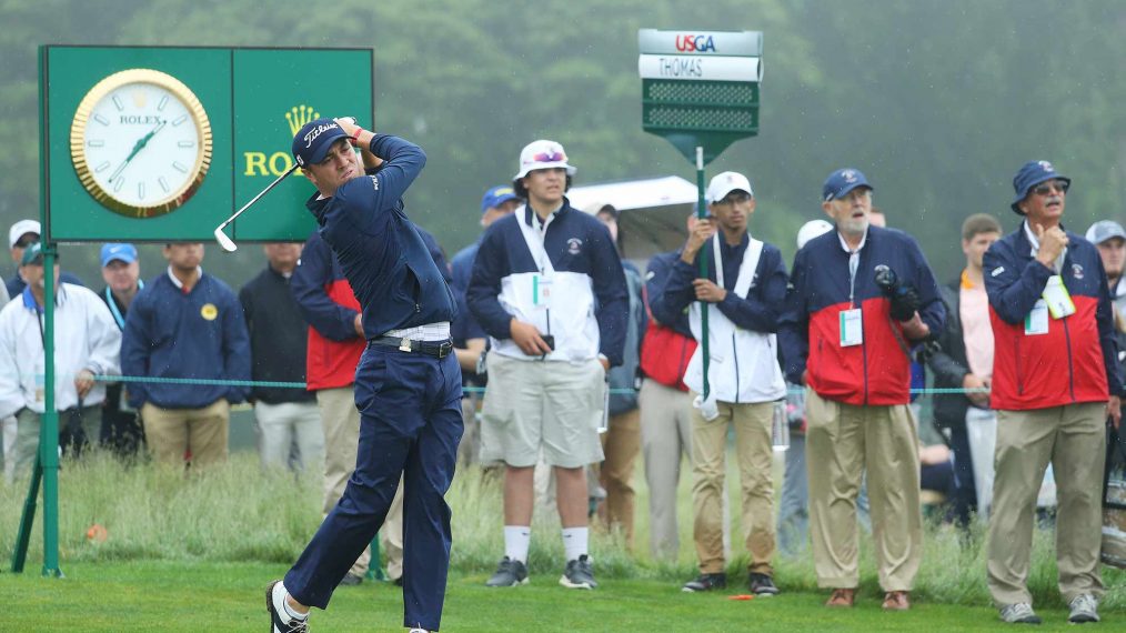 Justin Thomas plays a shot during a practice round prior to the 2018 U.S. Open at Shinnecock Hills Golf Club