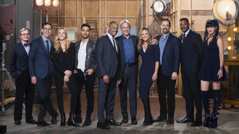 The cast of the CBS series NCIS, scheduled to air on the CBS Television Network. Pictured: David McCallum, Brian Dietzen, Emily Wickersham, Wilmer Valderrama, Rocky Carroll, Mark Harmon, Maria Bello, Sean Murray, Duane Henry, Pauley Perrette. Photo: Kevin Lynch/CBS ÃÂ© 2017 CBS Broadcasting Inc. All Rights Reserved.