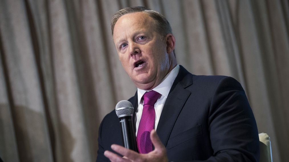 NEW YORK, NY - APRIL 25: Former White House Press Secretary Sean Spicer answers a few questions from the press at Madame Tussauds wax museum, April 25, 2018 in New York City. Spicer was on hand to help introduce the new wax figure of first lady Melania Trump and promote his upcoming book, titled 'The Briefing.' The book is slated for a July 23 release. (Photo by Drew Angerer/Getty Images)