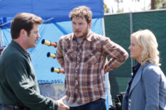 Parks and Recreation - Nick Offerman as Ron Swanson, Chris Pratt as Andy Dwyer, Amy Poehler as Leslie Knope - 'Freddy Spaghetti'