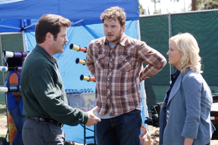 PARKS AND RECREATION - Nick Offerman, Chris Pratt, Amy Poehler - PARKS AND RECREATION -- "Freddy Spaghetti" Episodic 224 -- Pictured: (l-r) Nick Offerman as Ron Swanson, Chris Pratt as Andy Dwyer, Amy Poehler as Leslie Knope --
