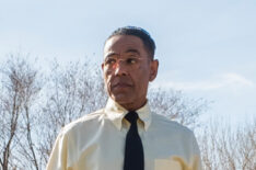 Giancarlo Esposito as Gus Fring sweeping up the lot outside Los Pollos - Better Call Saul - Season 4, Episode 2