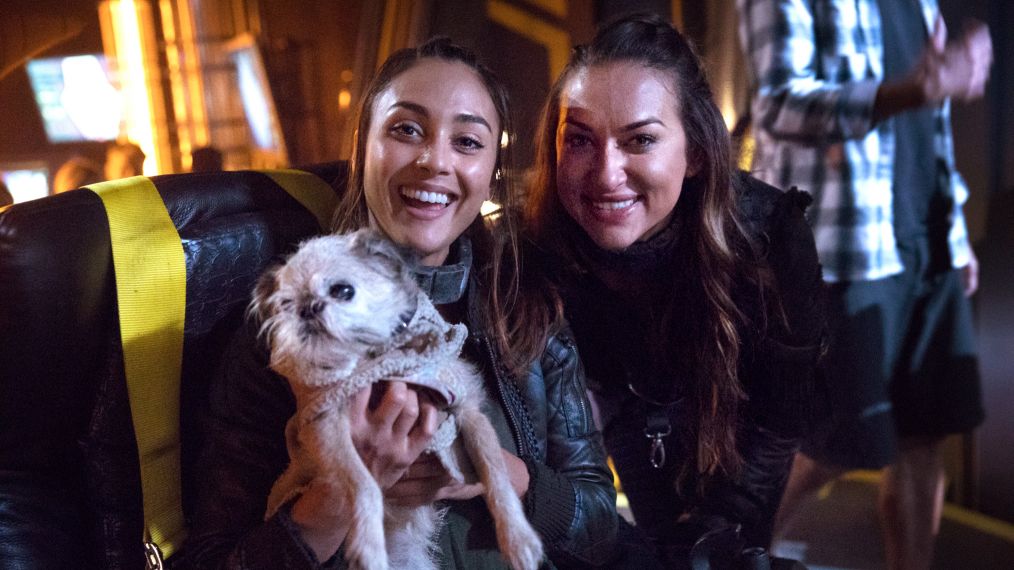 Lindsey Morgan and Tasya Teles behind the scenes of The 100