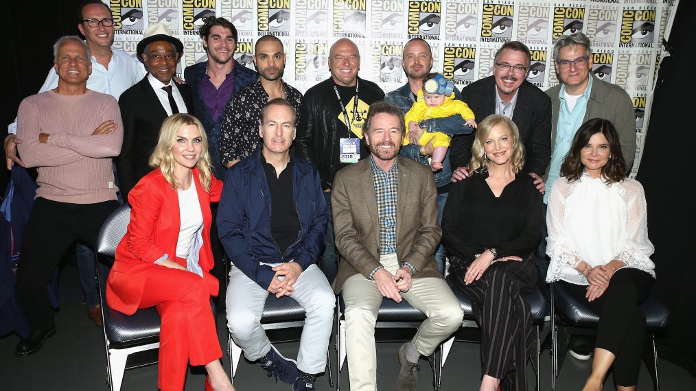 Patrick Fabian, AMC's Charlie Collier, Giancarlo Esposito, RJ Mitte, Michael Mando, Dean Norris, Aaron Paul, Vince Gilligan, and Peter Gould, Rhea Seehorn, Bob Odenkirk, Bryan Cranston, Anna Gunn, and Betsy Brandt at the 'Breaking Bad' 10th Anniversary Reunion/'Better Call Saul' panels at Comic-Con International 2018