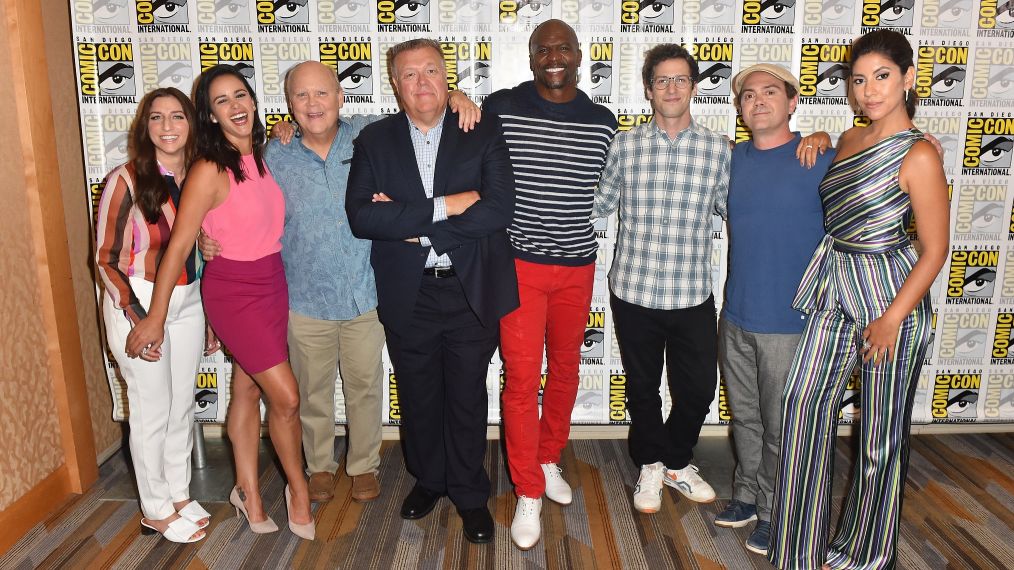 Chelsea Peretti, Melissa Fumero, Dirk Blocker, Joel McKinnon Miller, Terry Crews, Andy Samberg, Joe Lo Truglio, and Stephanie Beatriz attend 'Brooklyn Nine-Nine' Press Line during Comic-Con International 2018
