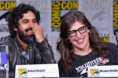 Kunal Nayyar and Mayim Bialik speak onstage at Inside 'The Big Bang Theory' Writers' Room during Comic-Con International 2018