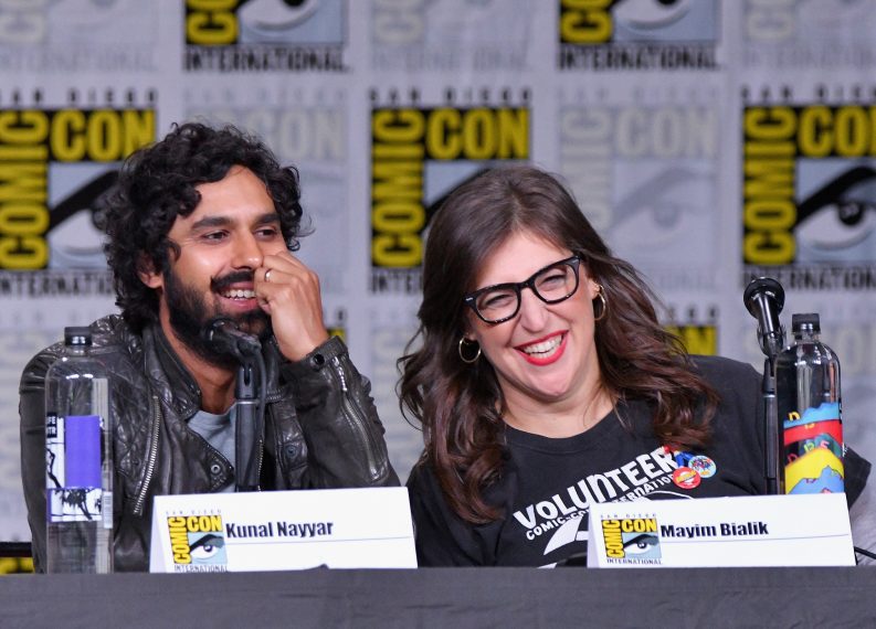 SAN DIEGO, CA - JULY 20: Kunal Nayyar (L) and Mayim Bialik speak onstage at Inside "The Big Bang Theory" Writers' Room during Comic-Con International 2018 at San Diego Convention Center on July 20, 2018 in San Diego, California. (Photo by Mike Coppola/Getty Images)