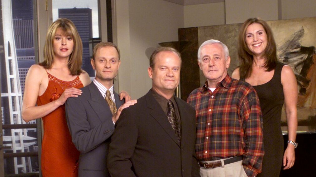 The cast of Frasier: Jane Leeves, David Hyde Pierce, Kelsey Grammer, Peri Gilpin