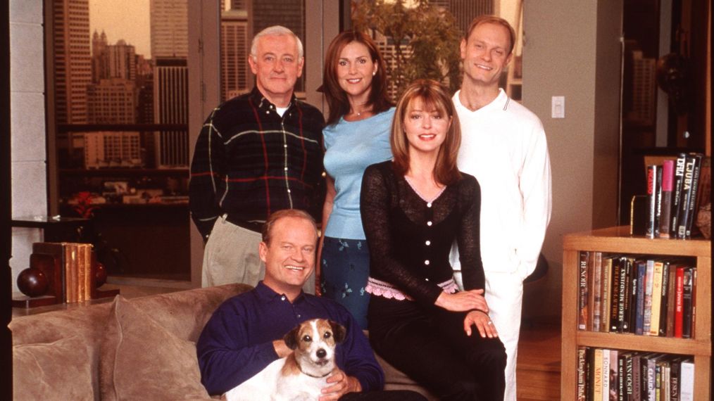 The cast of Frasier: John Mahoney, Peri Gilpin, Kelsey Grammer, Jane Leeves, David Hyde Pierce