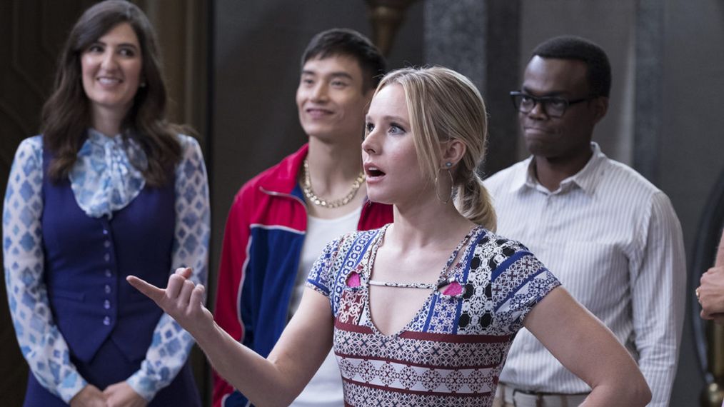 D'Arcy Carden as Janet, Manny Jacinto as Jianyu, Kristen Bell as Eleanor, William Jackson Harper as Chidi in The Good Place - Season 2