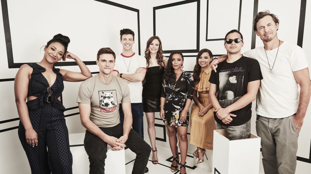 Candice Patton, Hartley Sawyer, Grant Gustin, Danielle Panabaker, Danielle Nicolet, Jessica Parker Kennedy, Carlos Valdes and Tom Cavanagh of The Flash at Comic-Con