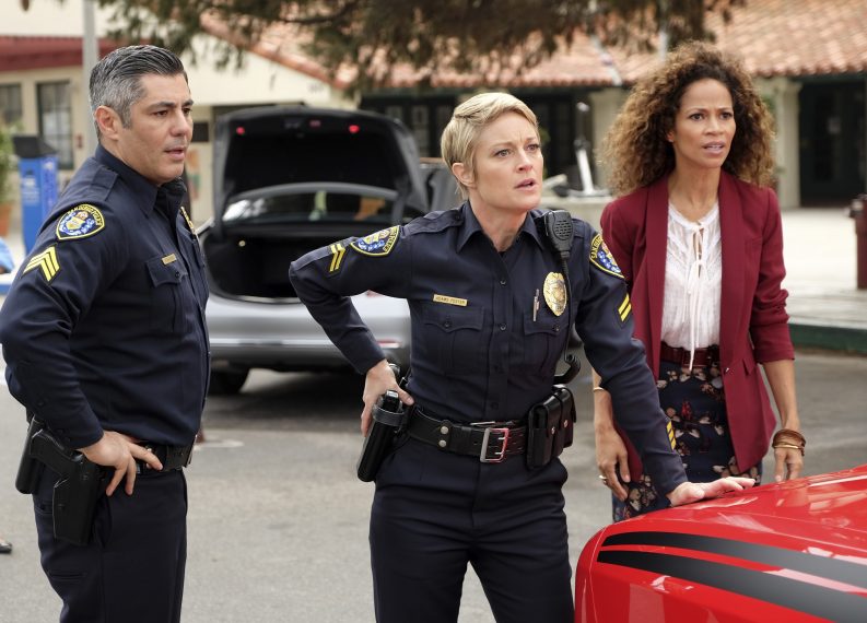 THE FOSTERS - "Potential Energy" - Tensions run high as Stef and Lena are called to action when the school is put on lockdown after it's discovered that Mariana's boyfriend Nick brought a gun on campus, on the fourth season premiere of "The Fosters," airing MONDAY, JUNE 20 (8:00 - 9:00 p.m. EDT), on Freeform. (Freeform/John Fleenor) DANNY NUCCI, TERI POLO, SHERRI SAUM