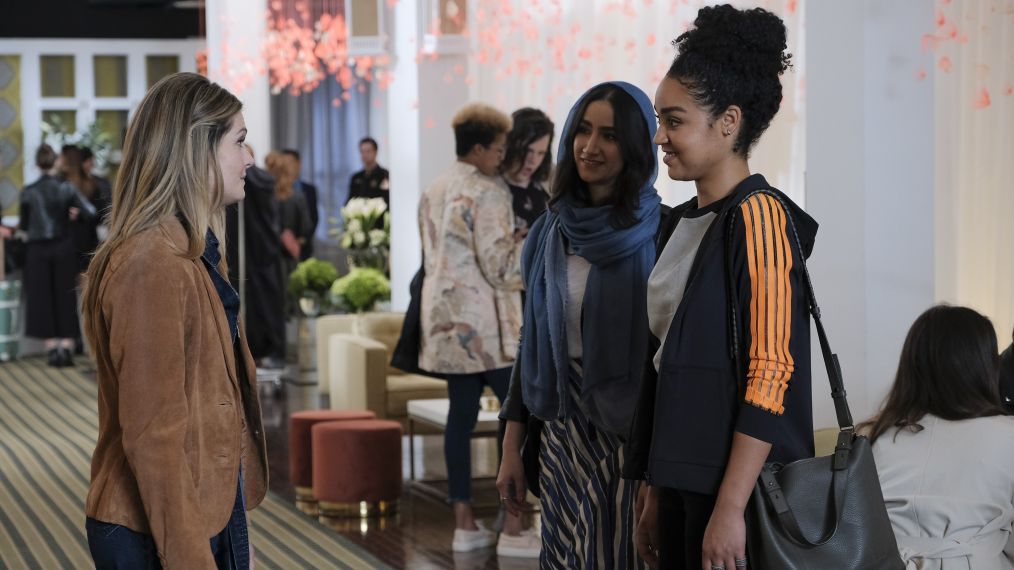 Meghann Fahy as Sutton, Nikohl Boosheri as Adena, and Aisha Dee as Kat in The Bold Type