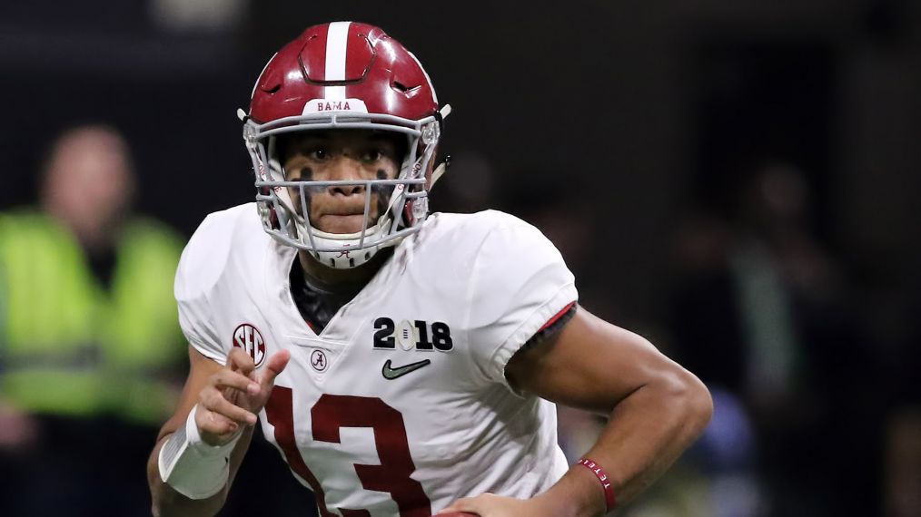 COLLEGE FOOTBALL - Tua Tagovailoa- JAN 08 CFP National Championship - ATLANTA, GA - JANUARY 08: Alabama Crimson Tide quarterback Tua Tagovailoa (13) during the College Football Playoff National Championship Game between the Alabama Crimson Tide and the Georgia Bulldogs on January 8, 2018 at Mercedes-Benz Stadium in Atlanta, GA. (Photo by Michael Wade/Icon Sportswire via Getty Images)